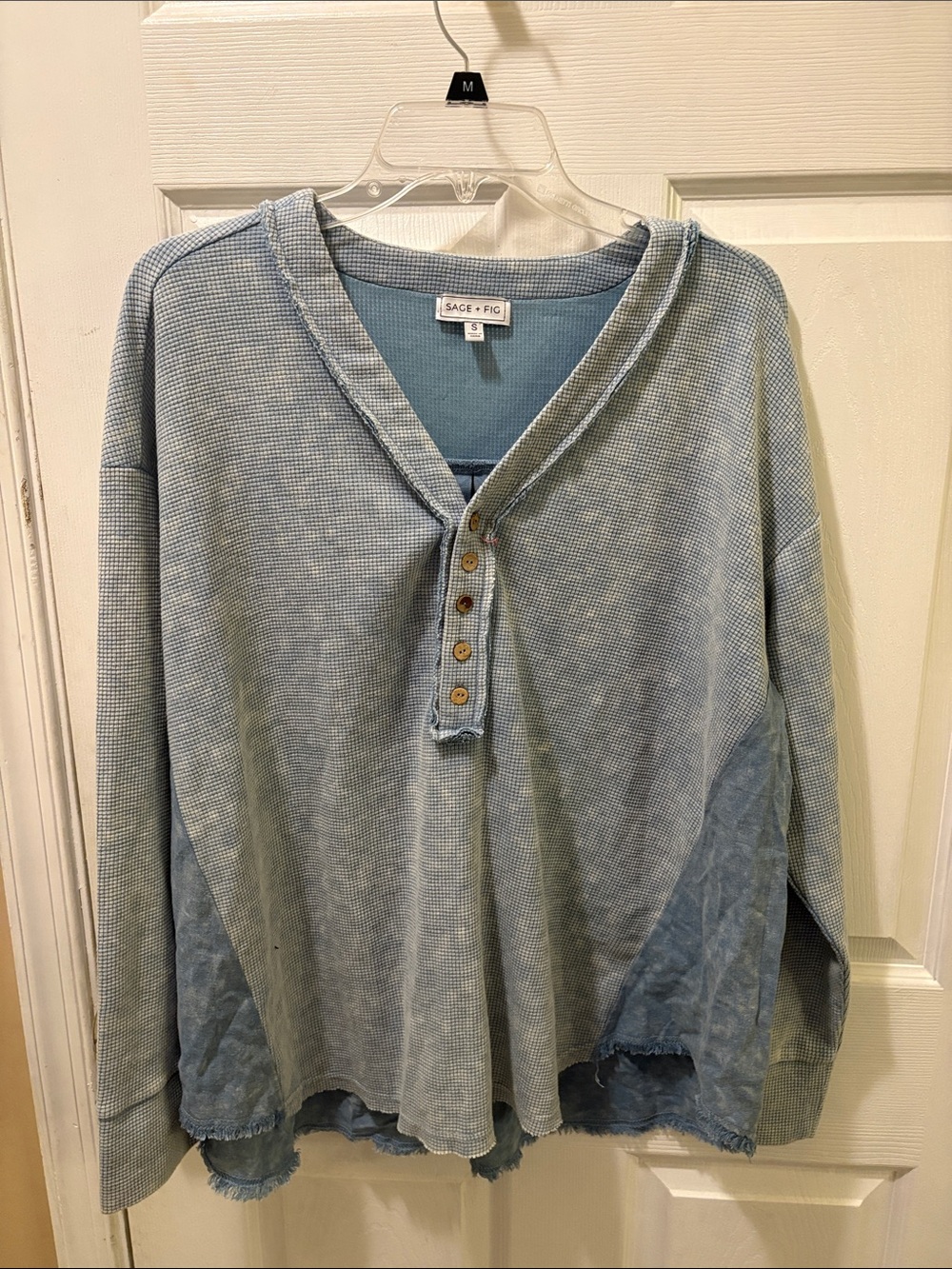 Sage +fig  washed waffle knit blue long sleeve top